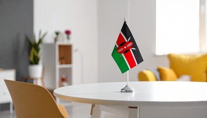 Kenyan and plain white table flags on a wooden surface in a modern indoor setting