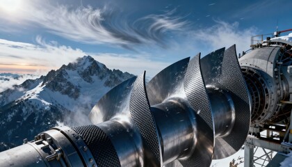 Medium shot focusing on selfrepairing turbine blades against a highaltitude mountain sky highlighting adaptive materials resisting harsh weather conditions.