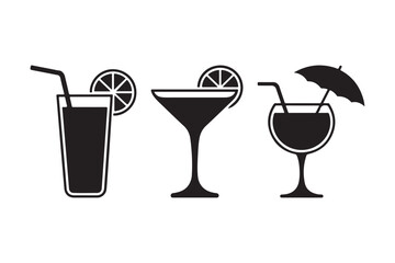 Three silhouetted cocktails with garnishes on a white background