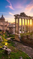 Naklejka premium Ancient ruins, columns and architecture, with vibrant sunset