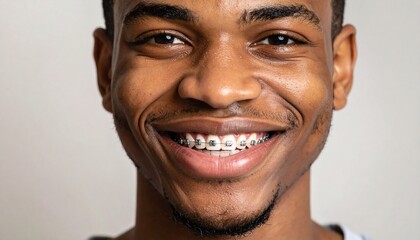 Man smiling looking at camera, open mouth, braces