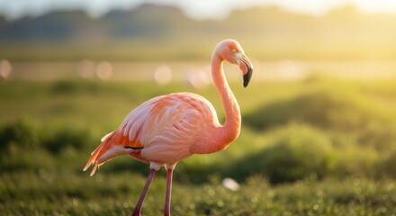 Fototapeta premium Pink Flamingo in Golden Hour Sunlight at Grassland