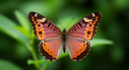 Fototapeta premium Orange Brown Butterfly on Green Leaf Macro Closeup