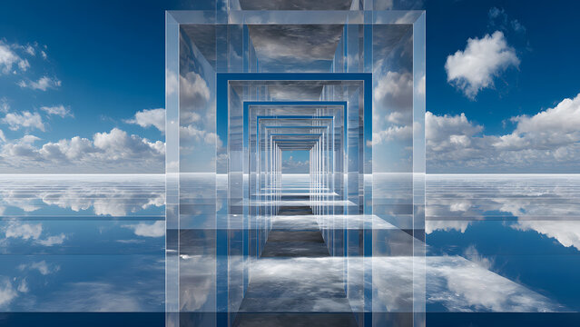 Dreamy cloudscape perspective through geometric glass, a portal to infinite possibilities