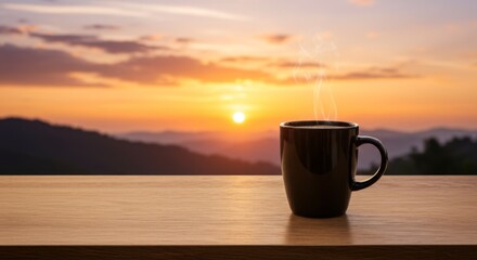 Coffee Mug at Sunrise Over Misty Mountains