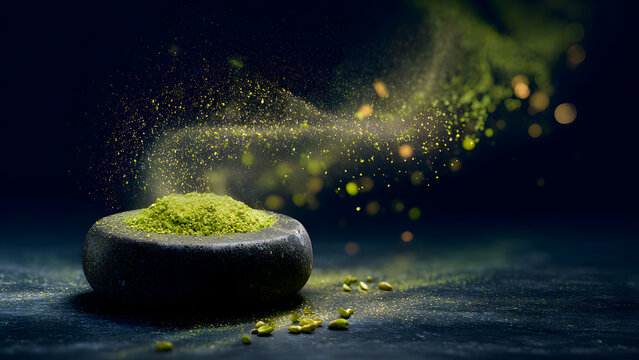 Vibrant green pistachio powder exploding from stone bowl for culinary presentation