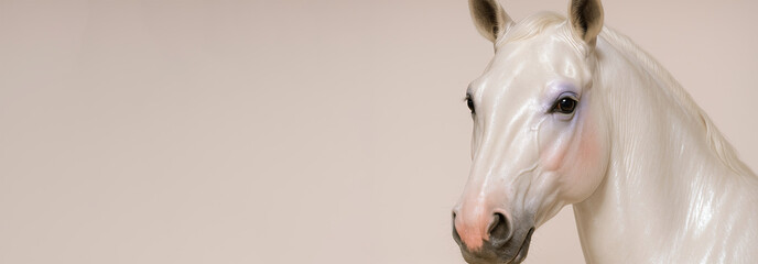 Close-up of glossy white horse with soft makeup on neutral background