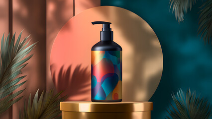Modern cosmetic bottle mockup on golden stand with abstract label design vibrant colors