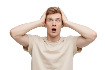 A young man with a surprised expression is holding his head, wearing a light-colored t-shirt against a white background.