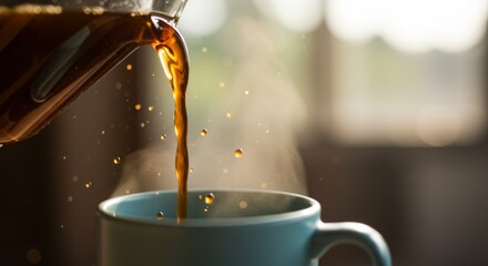 Pouring Hot Coffee into a Blue Mug