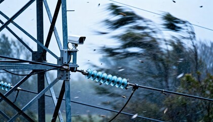 Medium shot of sensors adjusting transmission line capacity reacting to strong wind emphasizing dynamic line rating in windy conditions.