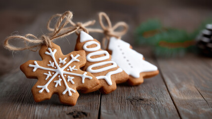 Close Up of Three Homemade Gingerbread Cookies with White Icing on Wooden Table