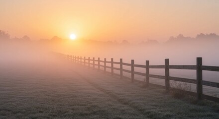 Obraz premium Sunrise Over Foggy Field with Wooden Fence