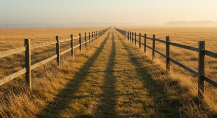 Obraz premium Golden Hour on a Rural Field with Wooden Fences