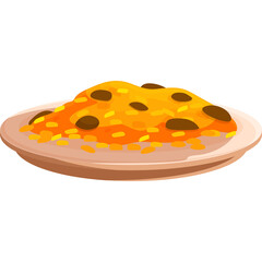 Plate Of Indian Pilaf Rice With Raisins And Spices Served In A Round Dish With A White Background...