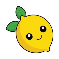 Cute smiling lemon cartoon character with leaves on a white background