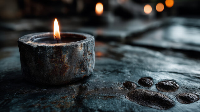 Dark Candle with Paw Print on Stone Surface Glowing Light in Cold Atmosphere