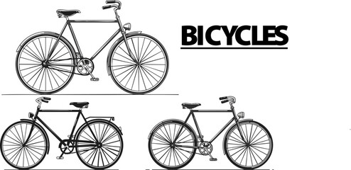 Three vintage bicycles displayed against black backdrop