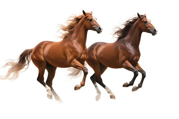 Obraz premium Two brown horses are galloping with their manes flowing, showcasing their speed and elegance.