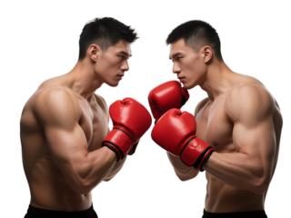 Two muscular men in red boxing gloves facing each other, ready for a boxing match.