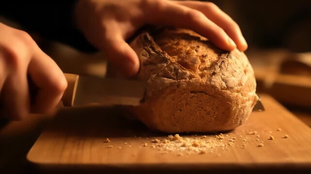 Hands carefully slice into a rustic loaf of bread, creating crumbs on a light wood cutting board. The focus is on the texture of the bread and the slicing action.