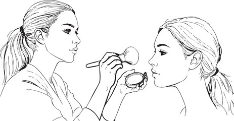 Woman applies makeup with brush in beauty illustration
