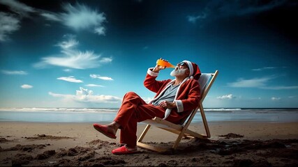 A man in a santa claus outfit sitting in a chair on the beach
