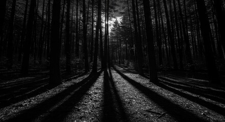 Fototapeta premium Dark Forest Path with Sunlight Shadows