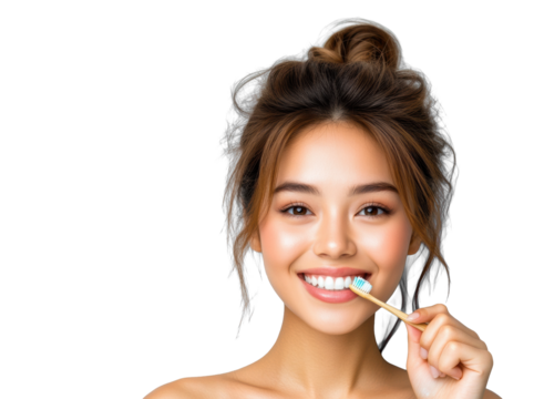 Smiling Woman Brushing Teeth with Bamboo Toothbrush on Transparent Background