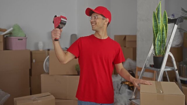 Young hispanic delivery man wearing red cap grips tape dispenser and seals moving box in building; pride.