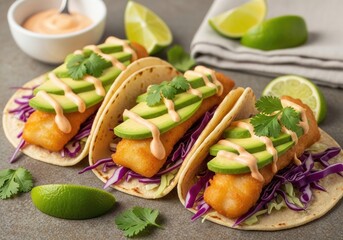 Crispy Beer-Battered Fish Tacos with Avocado, Purple Cabbage Slaw & Lime — Close-Up