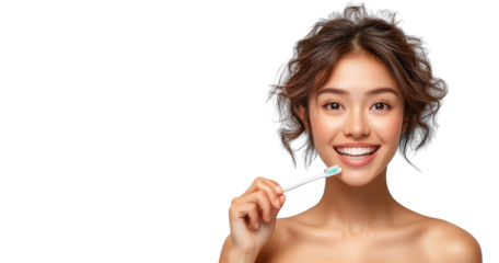 Smiling Woman with Toothbrush on Transparent Background