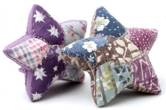 Two patchwork star ornaments handmade from colorful fabrics perfect for holiday decorations and crafts