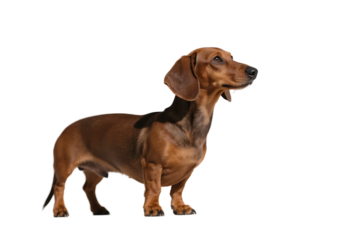 A brown dachshund is standing and looking up, showcasing its cute and alert appearance.