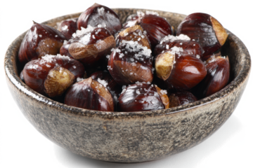Roasted chestnuts in a rustic bowl sprinkled with salt a seasonal snack for autumn and winter holidays