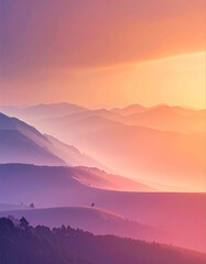 Obraz premium Sunrise Over Mountains: A breathtaking view of rolling mountains bathed in the soft hues of dawn. Capturing nature's serene grandeur, perfect for evoking a sense of calm and wonder.