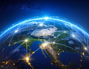 Global Network: A visualization of a connected world, with the Earth encircled by a luminous network, signifying seamless communication and global interconnectedness.