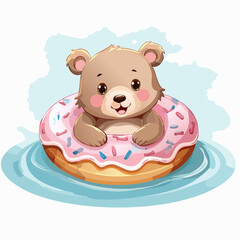 Baby bear floating on donut swim ring with transparent background