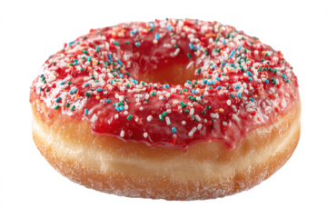 Delicious donut with strawberry frosting and colorful sprinkles a sweet treat isolated on white background perfect for food blogs and dessert menus