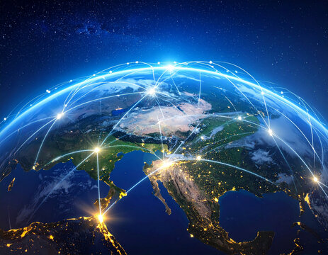 Global Network: A visualization of a connected world, with the Earth encircled by a luminous network, signifying seamless communication and global interconnectedness.