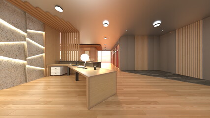 繊細なデザインの木製格子がある廊下　3DCGレンダリング
