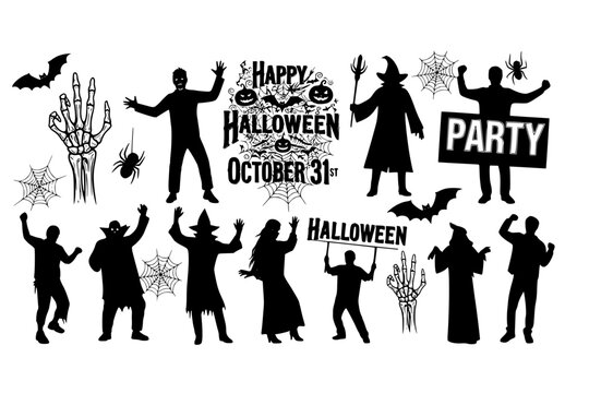 Dynamic Halloween Party Character Silhouettes: Set of Dancing Zombies, Witches, and Cheering Crowd Figures for Flyer and Invitation Design.