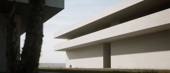 Fototapeta premium Showcases modern minimalist architecture featuring clean lines and expansive white surfaces, emphasizing simplicity and contemporary design.