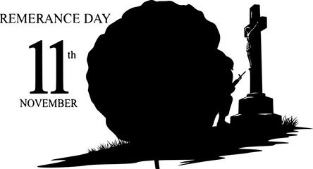 Poignant Remembrance Day Soldier Silhouette Kneeling at Cenotaph with Stylized Poppy: Memorial and Veteran's Tribute Detailed Scene Vector.	