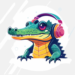 Obraz premium Green crocodile wearing colorful headphones with transparent background