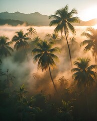 a tropical valley with tall coconut palm trees