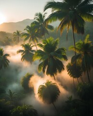 a tropical valley with tall coconut palm trees