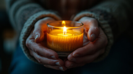 Cozy Hands Holding Candle on Winter Evening