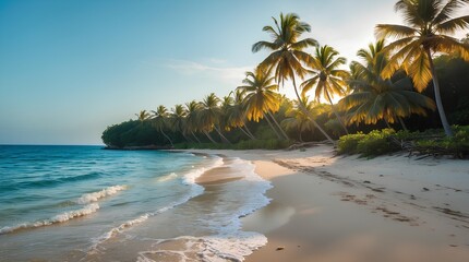 a calm shoreline, surrounded by lush palm trees
