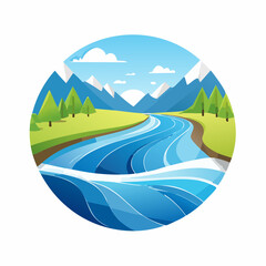 Circular landscape with river mountains and trees